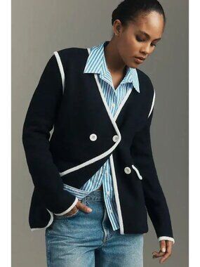 NVLT Knit Double-Breasted Blazer Jacket Tie Belt Women's Size XS Black